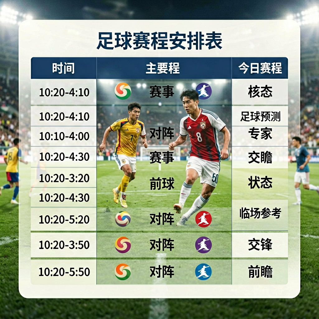 足球赛程安排表，展示今日主要比赛时间与对阵